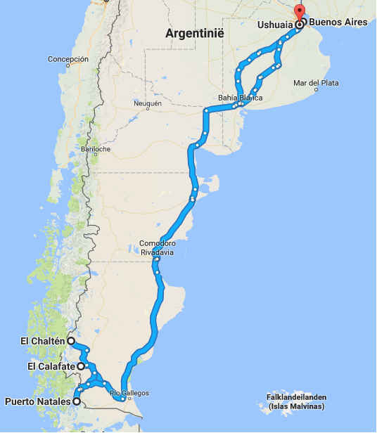 Route van de rondreis door Chili en Argentinie