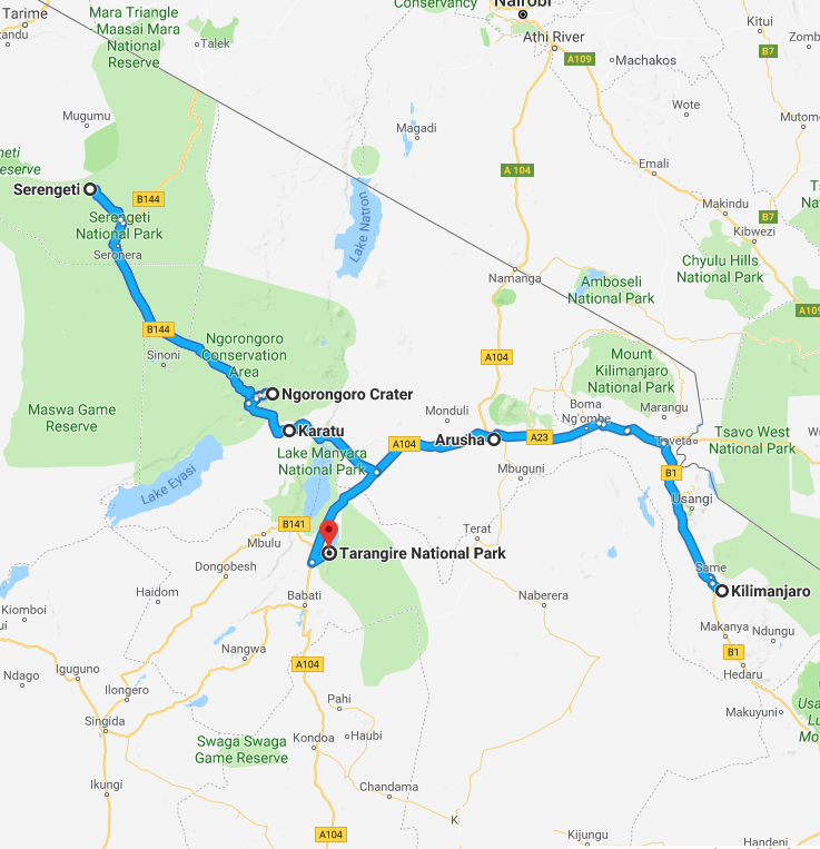 De route die u gaat maken tijdens uw rondreis door het noorden van Tanzania.
