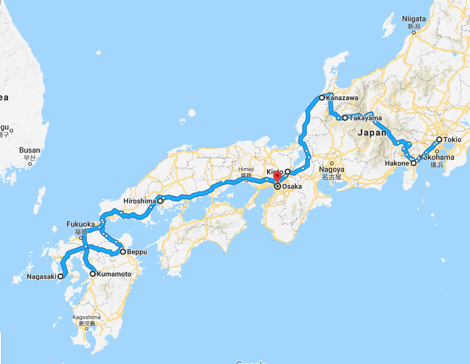 De route die u tijdens uw rondreis door Japan gaat maken.