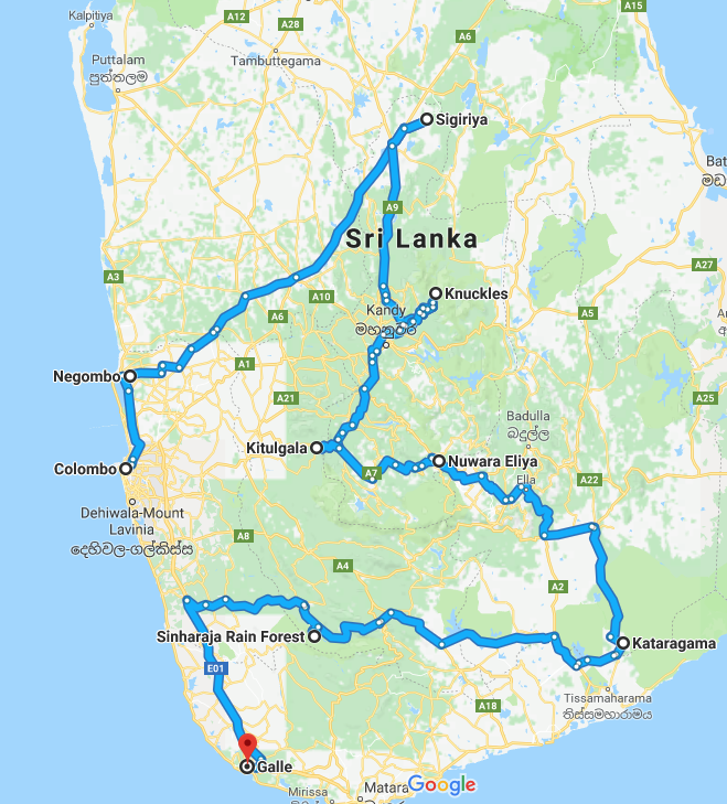 De route die u tijdens uw rondreis door Sri Lanka gaat maken