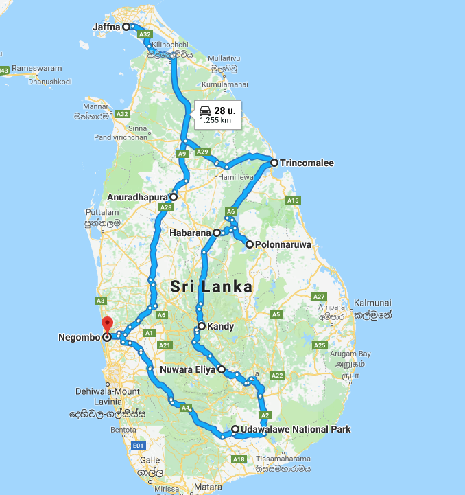 De route die u tijdens uw rondreis door Sri Lanka gaat maken.